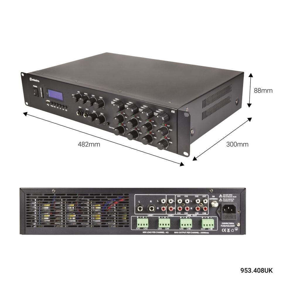 Adastra A8 8 x 200W Stereo Amplifier with FM Radio/Bluetooth & Media Player Amplifiers Adastra