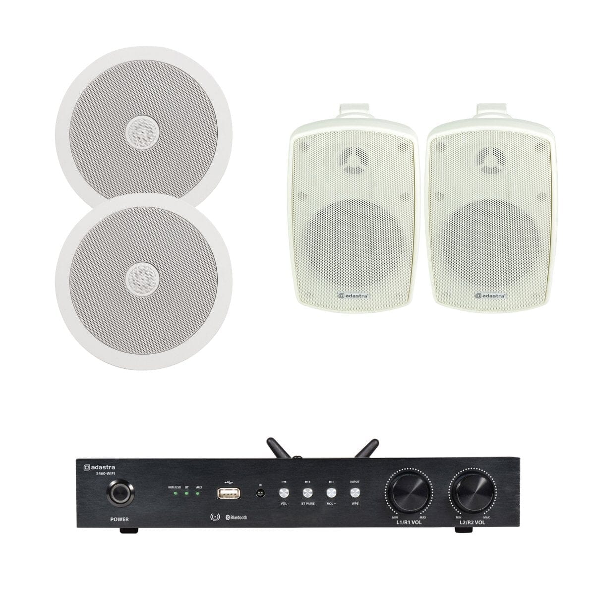Adastra S460 Dual Zone Wi-Fi Amplifier + 6.5" Ceiling Speakers + 4" Outdoor Speakers In Ceiling Speaker Systems Adastra White