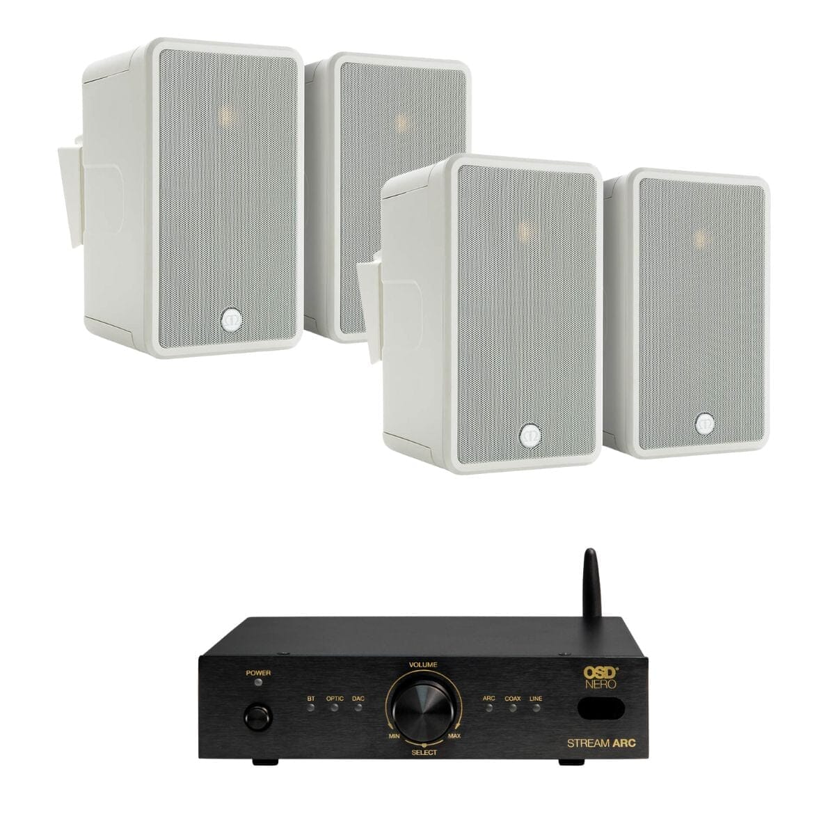 OSD Audio Nero Stream ARC Amplifier + Monitor Audio Climate 60 Outdoor Speakers Outdoor Speaker Systems OSD Audio Two Pairs White