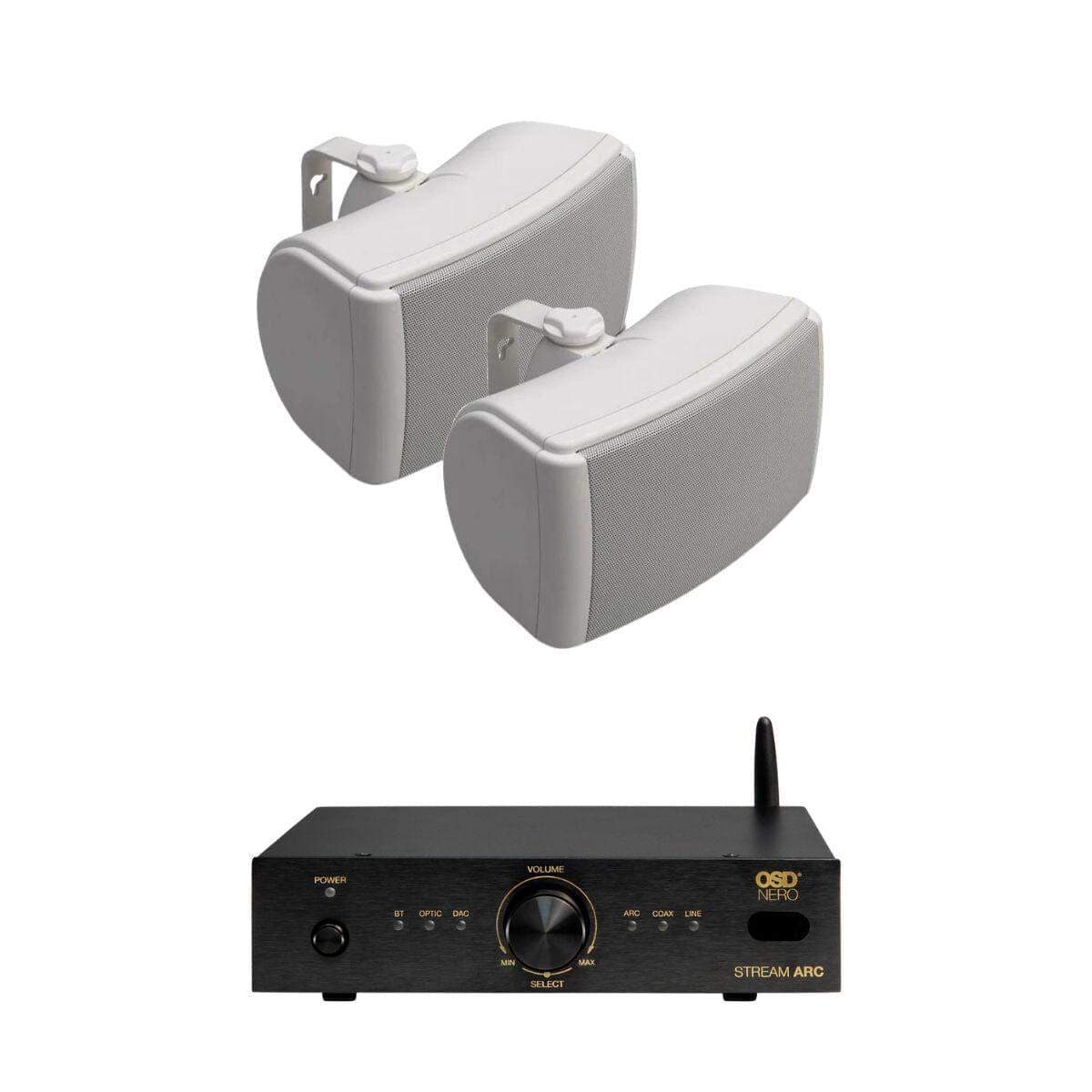 OSD Audio Nero Stream ARC Amplifier + Q Acoustics 4.5" Outdoor Speakers Outdoor Speaker Systems OSD Audio One Pair White