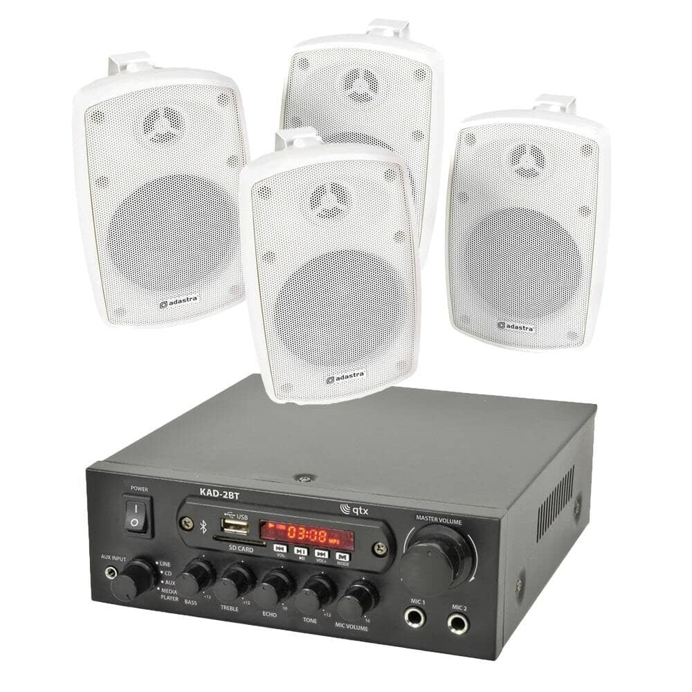QTX KAD-2BT FM Radio & Bluetooth Speaker System inc. 2 x 4" Outdoor Wall Mounted Speakers Outdoor Speaker Systems QTX White Pair