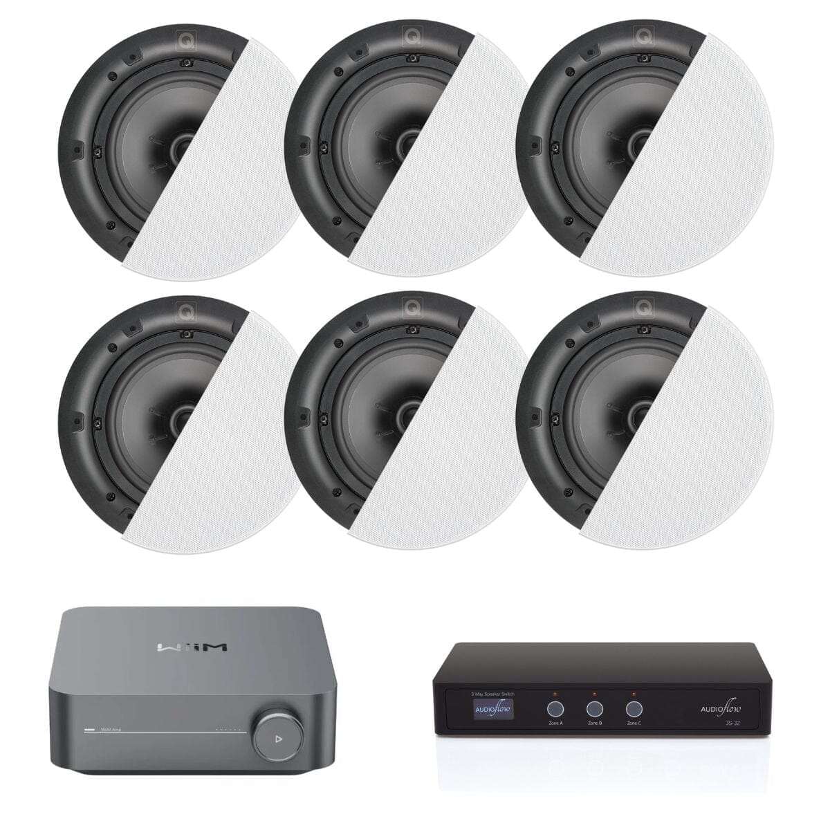 WiiM AMP Wi-Fi & Bluetooth Amplifier, Speaker Switch & 6 x Q Acoustics Qi65C 6.5" Ceiling Speakers In Ceiling Speaker Systems WiiM / Q Acoustics