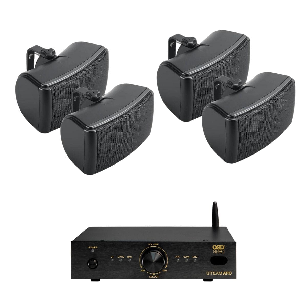 OSD Audio Nero Stream ARC Amplifier + Q Acoustics 4.5" Outdoor Speakers Outdoor Speaker Systems OSD Audio Two Pairs Black 