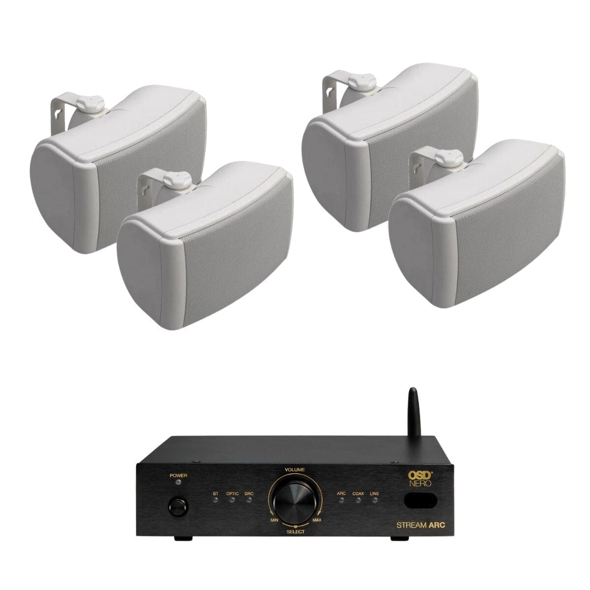 OSD Audio Nero Stream ARC Amplifier + Q Acoustics 6.5" Outdoor Speakers Outdoor Speaker Systems OSD Audio Two Pairs White 