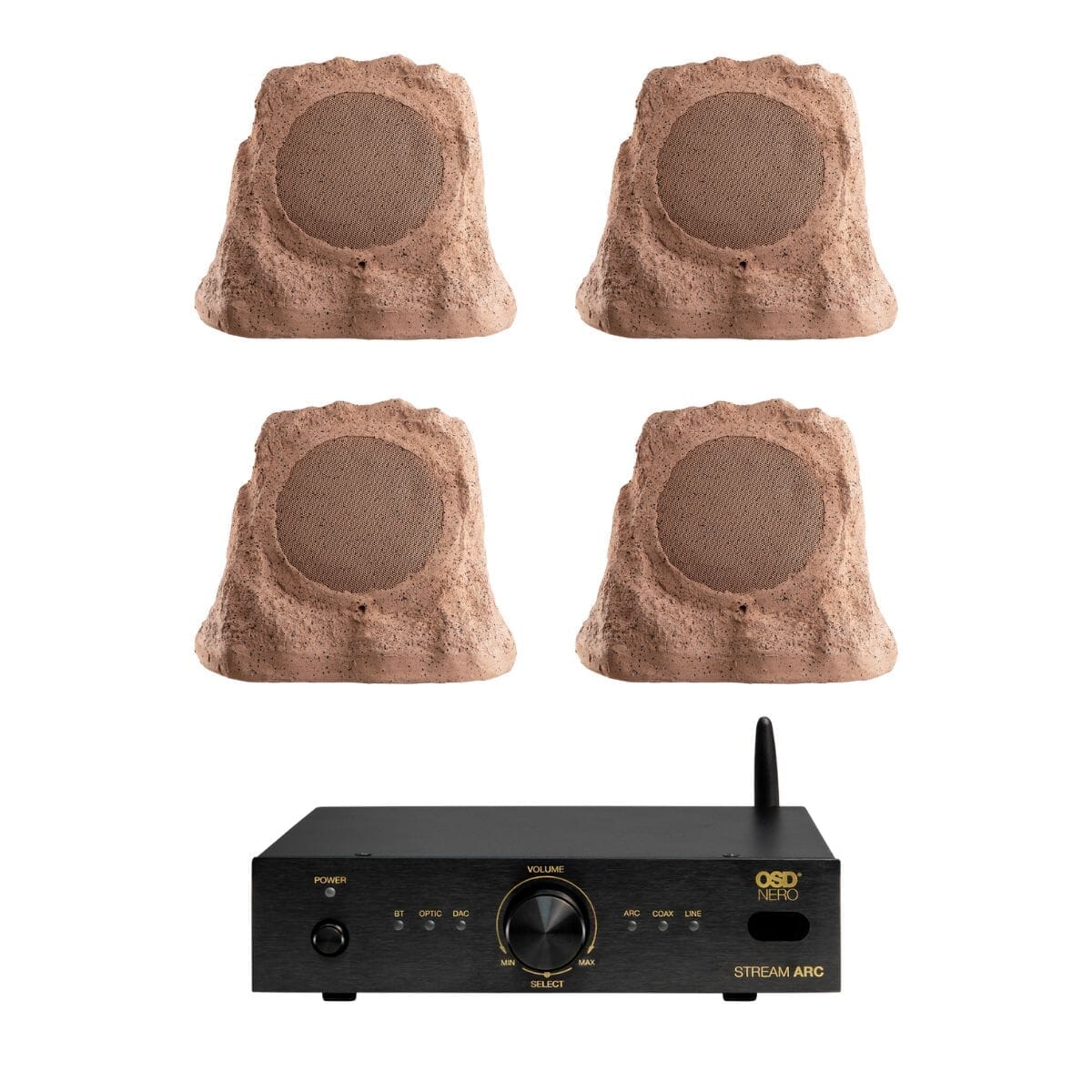 OSD Audio Nero Stream ARC Amplifier + RS670 Rock Speakers Outdoor Speaker Systems OSD Audio Two Pairs Brown 