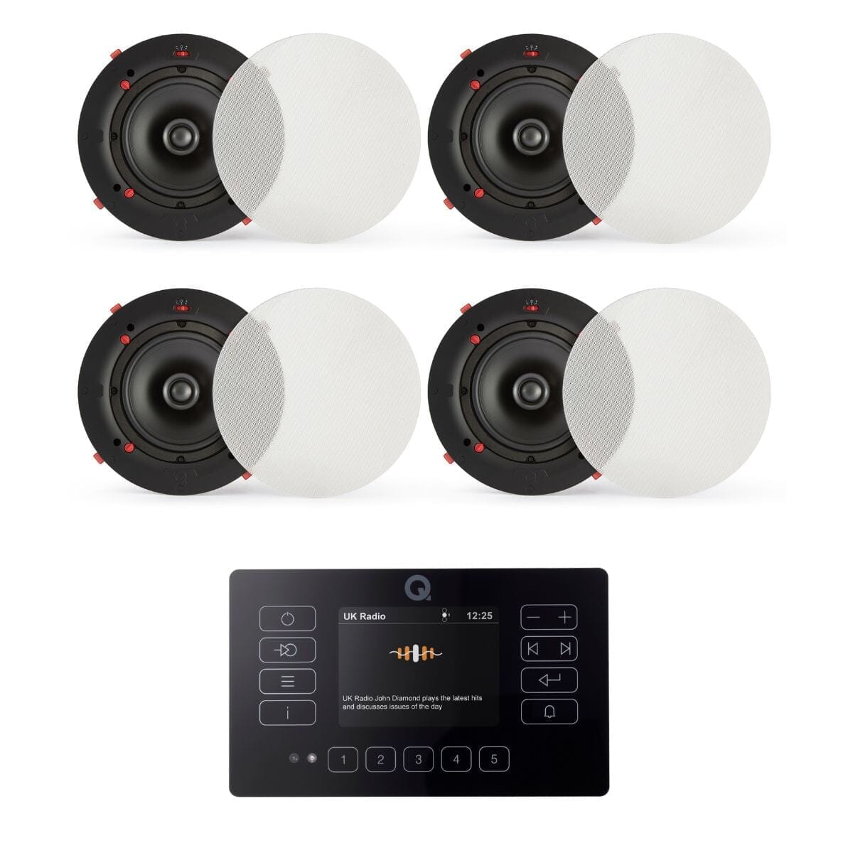Q Acoustics E120 + QI65CE 6.5" Ceiling Speaker System with Bluetooth/FM/DAB In Ceiling Speaker Systems Q Acoustics Black Two Pairs 
